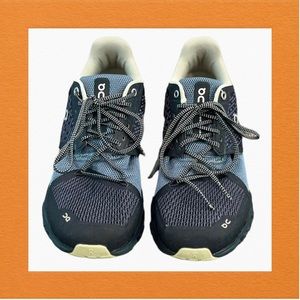 QC Helion on cloud running shoes, blue and grey, size W8. $120